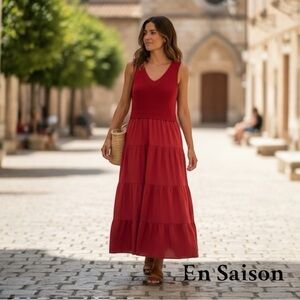 En Saison Red Sleeveless V-Neck Smocked Waist Tiered Ruffle Maxi Dress Sz M New